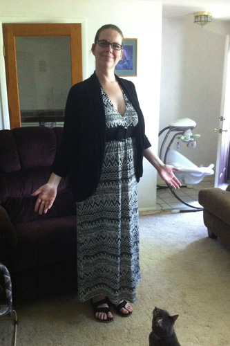 Me in my halter maxi dress with cardigan and sandals