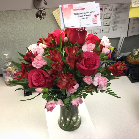 Thanks for this lovely vase of roses, carnations, and alstroemerias!