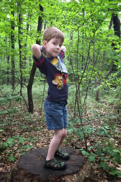 Connor striking a pose on a tree stump