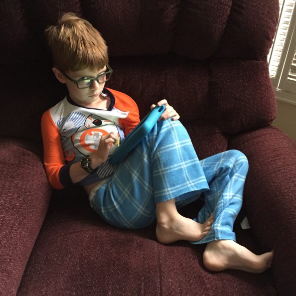 Connor wearing his blue jammie pants