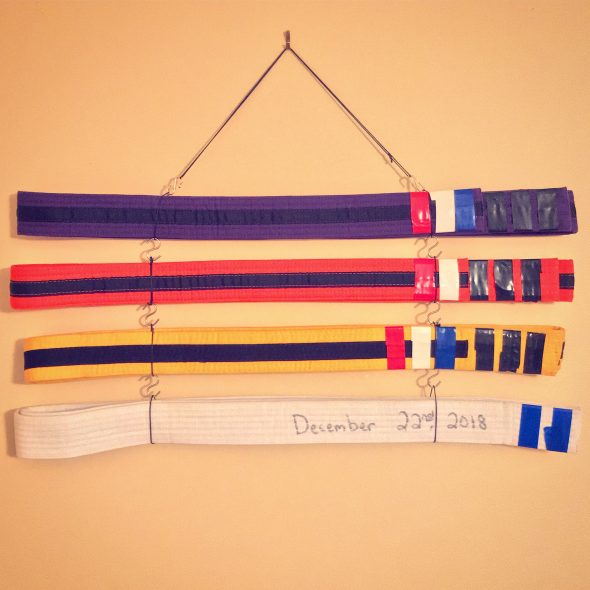 Purple, orange, yellow, and white belts